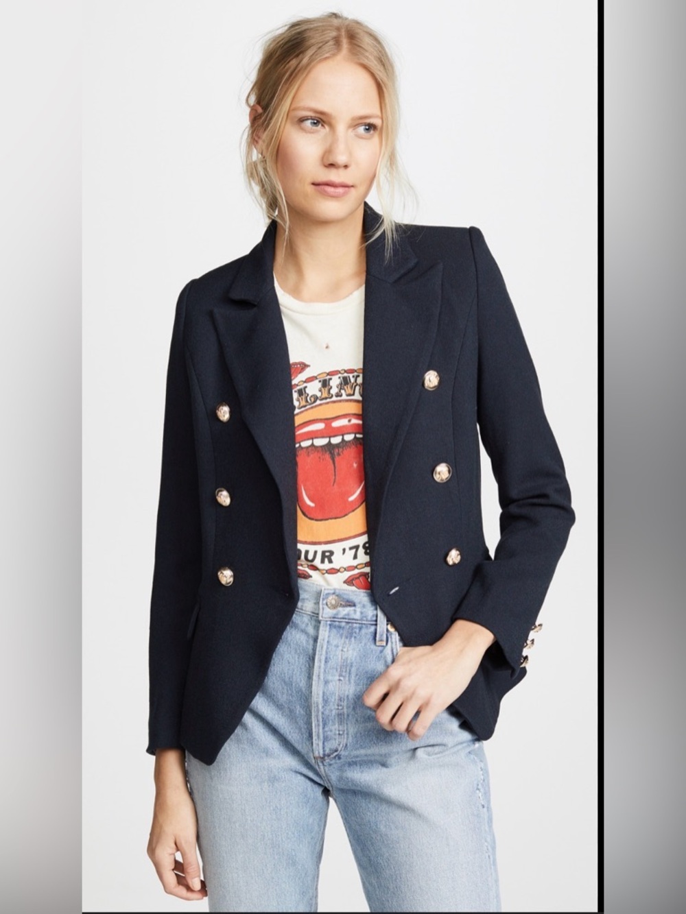 Lioness Navy Double-Breasted Gold-Button Blazer